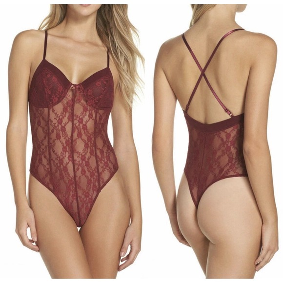 Free People Other - FREE PEOPLE Intimately Runaway Lace THONG BODYSUIT M Medium Raspberry Sexy NWT